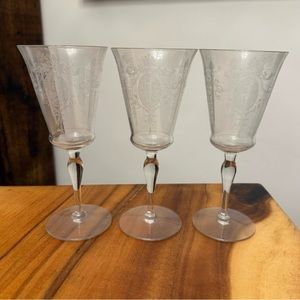 Wine Glasses (3) Vintage Etched Wine Glasses from 1940's